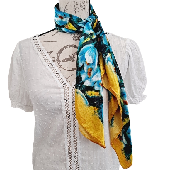 💖 2/$30 Boho blue yellow Floral square satin hair head & neck scarf - Picture 4 of 12